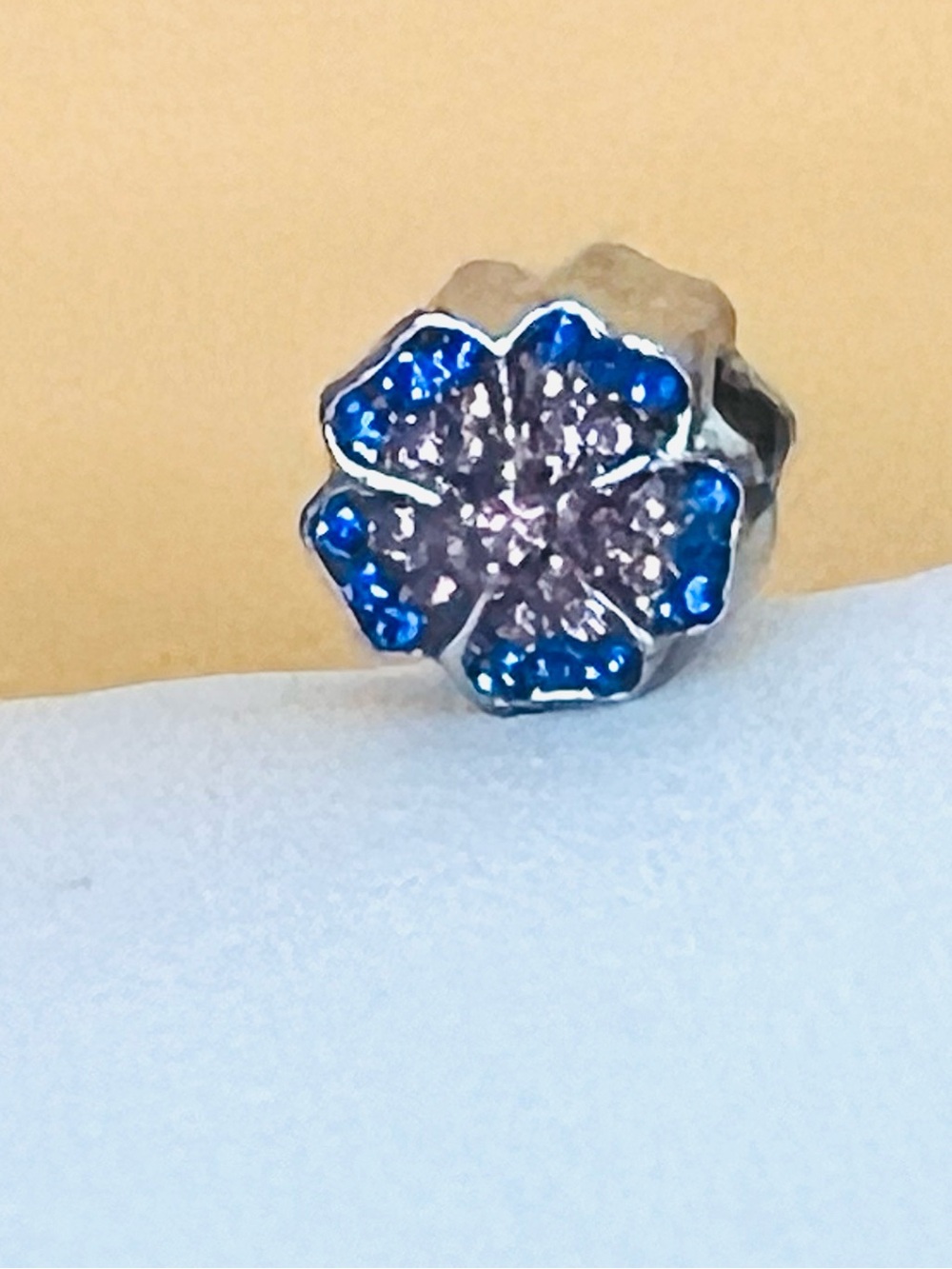 Silver plated blue & pink paved crystal flower  bracelet charm